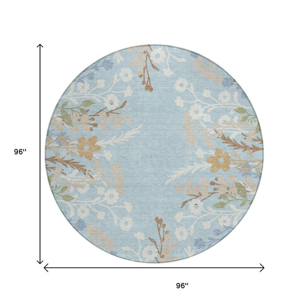 HomeRoots 8' Sky Blue Floral Round Area Rug - Washable, Durable, Indoor/Outdoor Comfort with Non-Slip Backing 659900