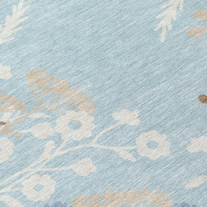 HomeRoots 8' Sky Blue Floral Round Area Rug - Washable, Durable, Indoor/Outdoor Comfort with Non-Slip Backing 659900
