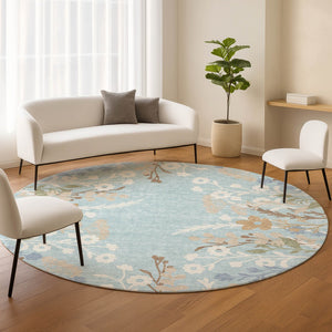 HomeRoots 8' Sky Blue Floral Round Area Rug - Washable, Durable, Indoor/Outdoor Comfort with Non-Slip Backing 659900
