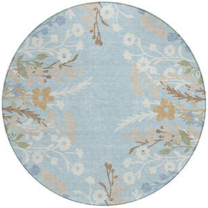 HomeRoots 8' Sky Blue Floral Round Area Rug - Washable, Durable, Indoor/Outdoor Comfort with Non-Slip Backing 659900