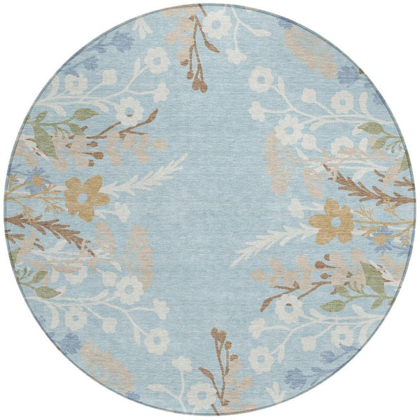 HomeRoots 8' Sky Blue Floral Round Area Rug - Washable, Durable, Indoor/Outdoor Comfort with Non-Slip Backing 659900