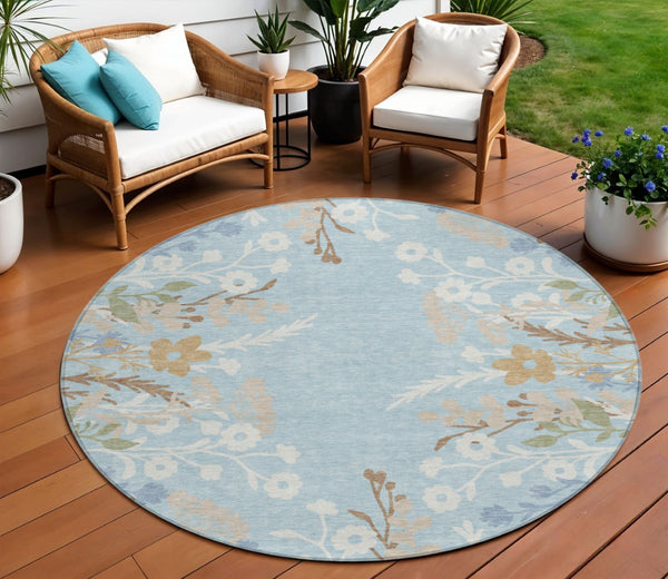 HomeRoots 8' Sky Blue Floral Round Area Rug - Washable, Durable, Indoor/Outdoor Comfort with Non-Slip Backing 659900