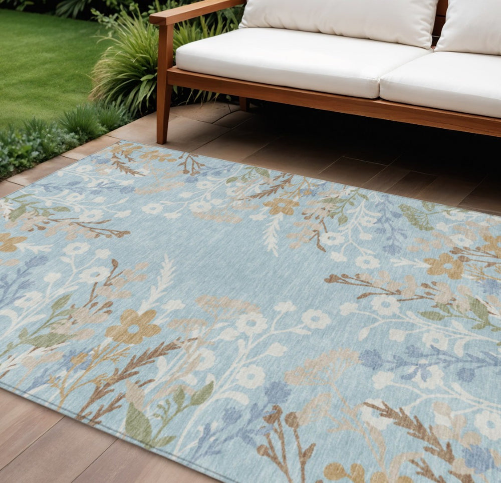 HomeRoots 8' X 10' Sky Blue Floral Indoor Outdoor Area Rug – Durable, Washable, Stain-Resistant Charm for Any Space 659901