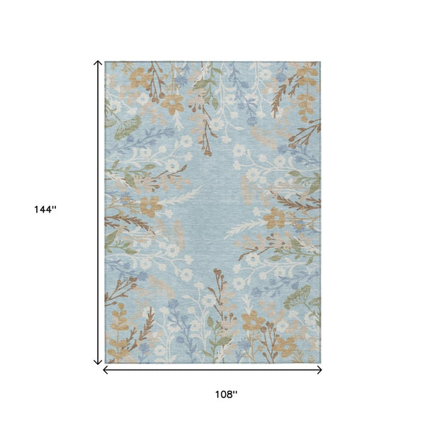 HomeRoots 9' Indoor Outdoor Floral Area Rug - Sky Blue, Ivory & Brown, Washable, Durable for High-Traffic Areas 659902