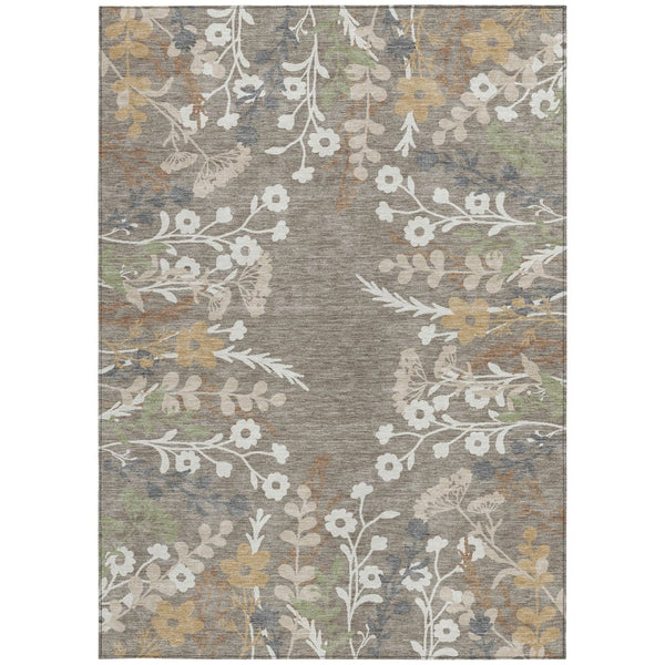 HomeRoots 5' Indoor Outdoor Area Rug - Taupe Green Ivory Floral Design, Washable, Durable for All Spaces 659905