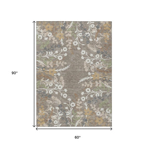 HomeRoots 5' Indoor Outdoor Area Rug - Taupe Green Ivory Floral Design, Washable, Durable for All Spaces 659905