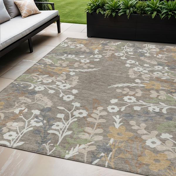 HomeRoots 5' Indoor Outdoor Area Rug - Taupe Green Ivory Floral Design, Washable, Durable for All Spaces 659905