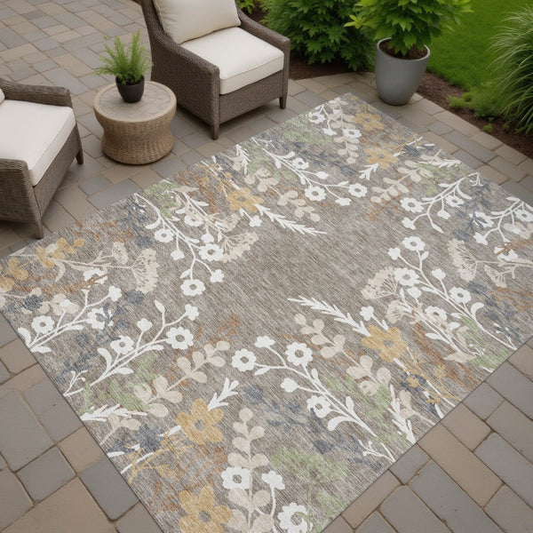 HomeRoots 5' Indoor Outdoor Area Rug - Taupe Green Ivory Floral Design, Washable, Durable for All Spaces 659905