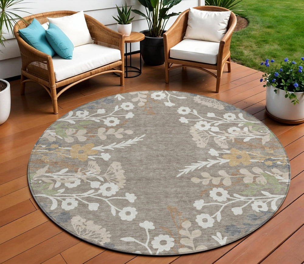 HomeRoots 8' Floral Area Rug in Taupe Green & Ivory - Washable, Durable, Indoor/Outdoor Perfect for High-Traffic Spaces 659906