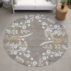 HomeRoots 8' Floral Area Rug in Taupe Green & Ivory - Washable, Durable, Indoor/Outdoor Perfect for High-Traffic Spaces 659906