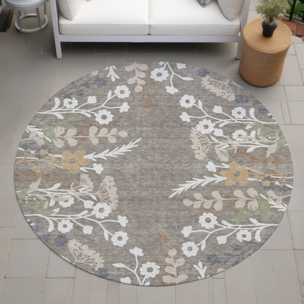 HomeRoots 8' Floral Area Rug in Taupe Green & Ivory - Washable, Durable, Indoor/Outdoor Perfect for High-Traffic Spaces 659906