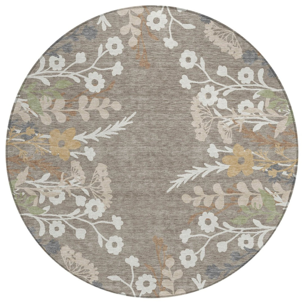 HomeRoots 8' Floral Area Rug in Taupe Green & Ivory - Washable, Durable, Indoor/Outdoor Perfect for High-Traffic Spaces 659906
