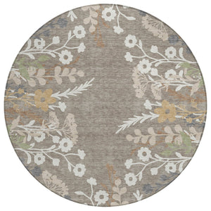 HomeRoots 8' Floral Area Rug in Taupe Green & Ivory - Washable, Durable, Indoor/Outdoor Perfect for High-Traffic Spaces 659906