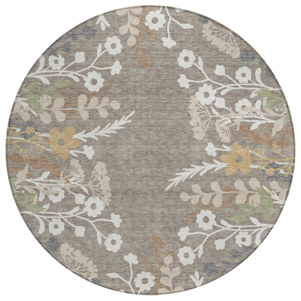 HomeRoots 8' Floral Area Rug in Taupe Green & Ivory - Washable, Durable, Indoor/Outdoor Perfect for High-Traffic Spaces 659906