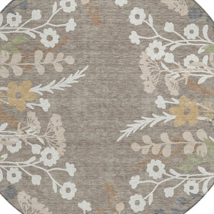 HomeRoots 8' Floral Area Rug in Taupe Green & Ivory - Washable, Durable, Indoor/Outdoor Perfect for High-Traffic Spaces 659906