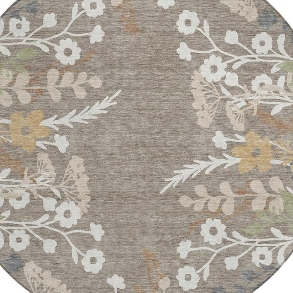 HomeRoots 8' Floral Area Rug in Taupe Green & Ivory - Washable, Durable, Indoor/Outdoor Perfect for High-Traffic Spaces 659906