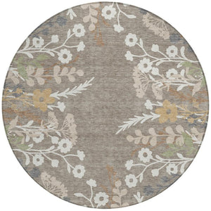 HomeRoots 8' Floral Area Rug in Taupe Green & Ivory - Washable, Durable, Indoor/Outdoor Perfect for High-Traffic Spaces 659906