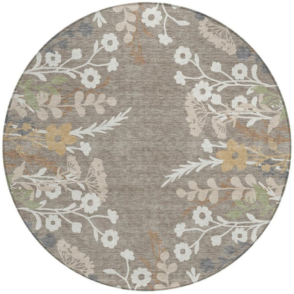 HomeRoots 8' Floral Area Rug in Taupe Green & Ivory - Washable, Durable, Indoor/Outdoor Perfect for High-Traffic Spaces 659906