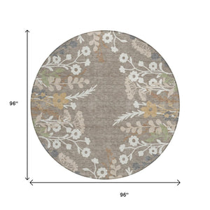HomeRoots 8' Floral Area Rug in Taupe Green & Ivory - Washable, Durable, Indoor/Outdoor Perfect for High-Traffic Spaces 659906