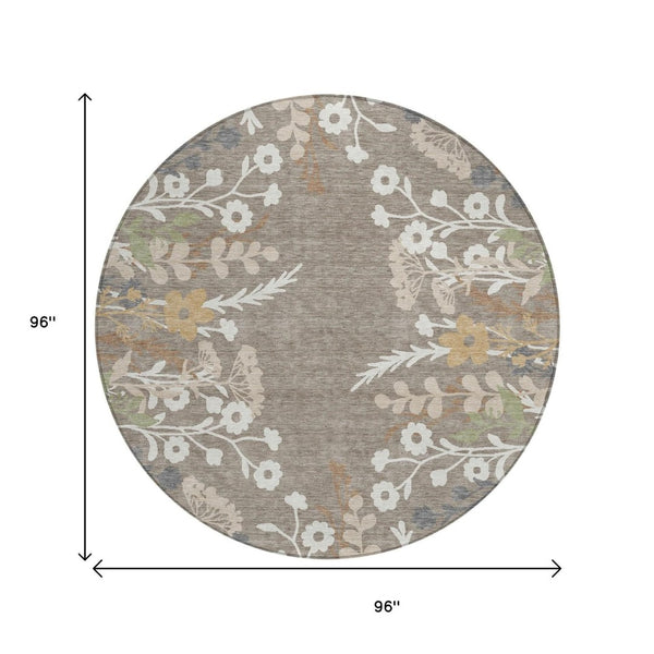 HomeRoots 8' Floral Area Rug in Taupe Green & Ivory - Washable, Durable, Indoor/Outdoor Perfect for High-Traffic Spaces 659906