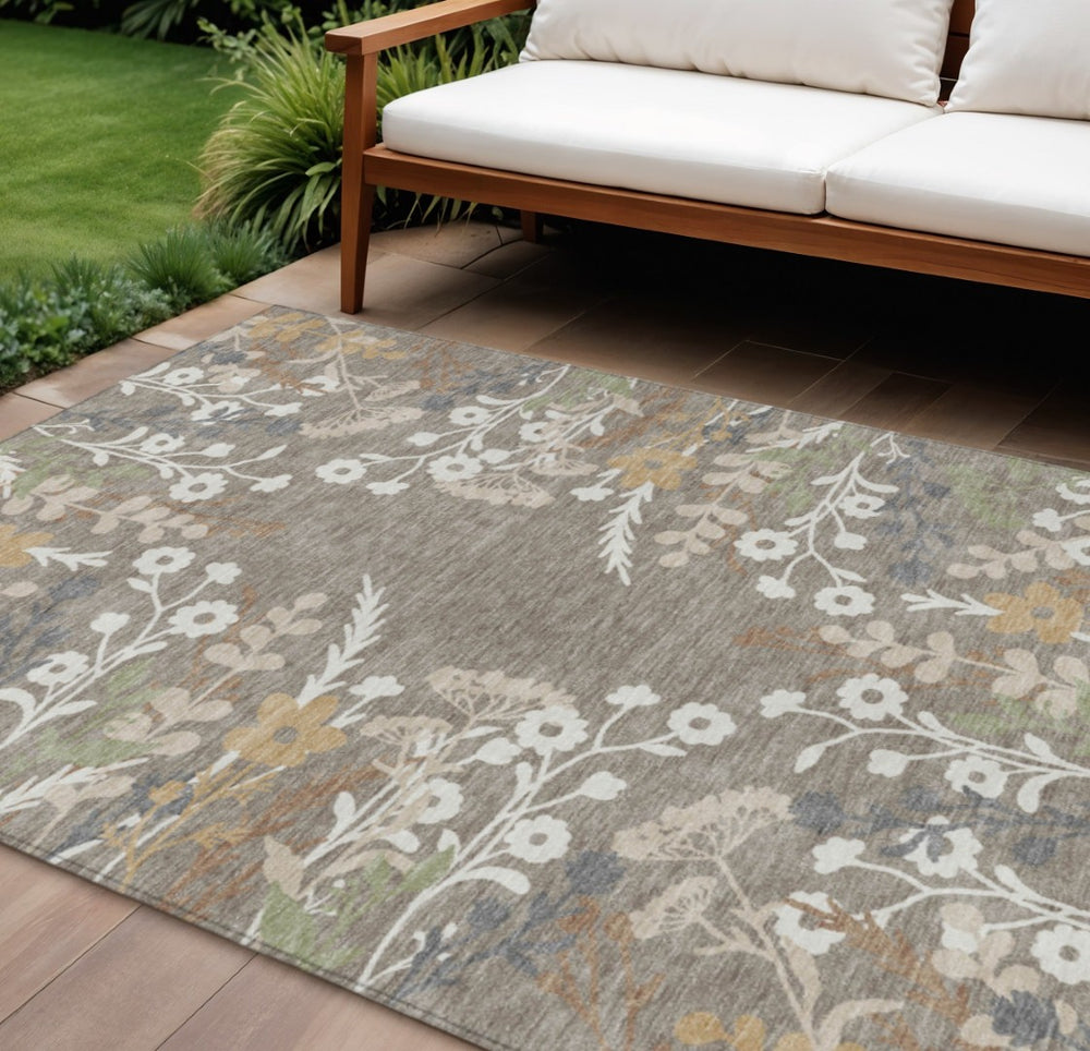HomeRoots 8' X 10' Floral Area Rug in Taupe Green & Ivory – Washable, Stylish, Durable for Indoor & Outdoor Use 659907