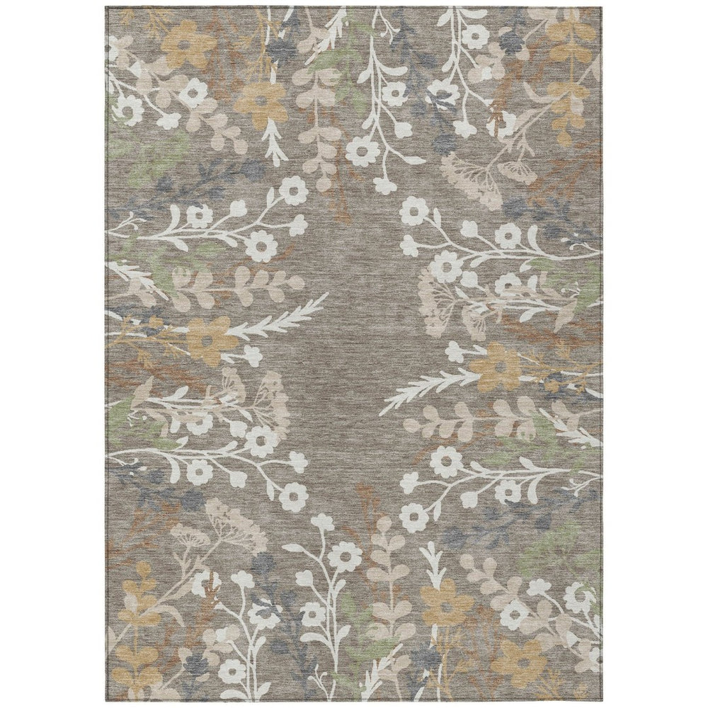 HomeRoots 8' X 10' Floral Area Rug in Taupe Green & Ivory – Washable, Stylish, Durable for Indoor & Outdoor Use 659907