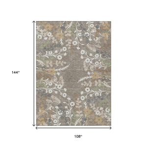 HomeRoots 9' X 12' Beautiful Taupe Green Floral Area Rug - Washable, Durable, Indoor/Outdoor Use for All Spaces 659908