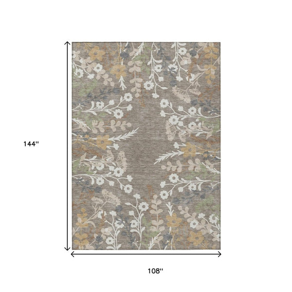 HomeRoots 9' X 12' Beautiful Taupe Green Floral Area Rug - Washable, Durable, Indoor/Outdoor Use for All Spaces 659908