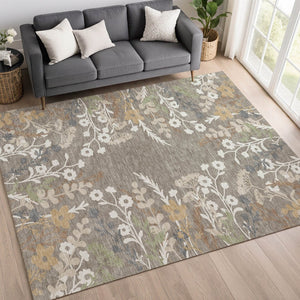 HomeRoots 9' X 12' Beautiful Taupe Green Floral Area Rug - Washable, Durable, Indoor/Outdoor Use for All Spaces 659908