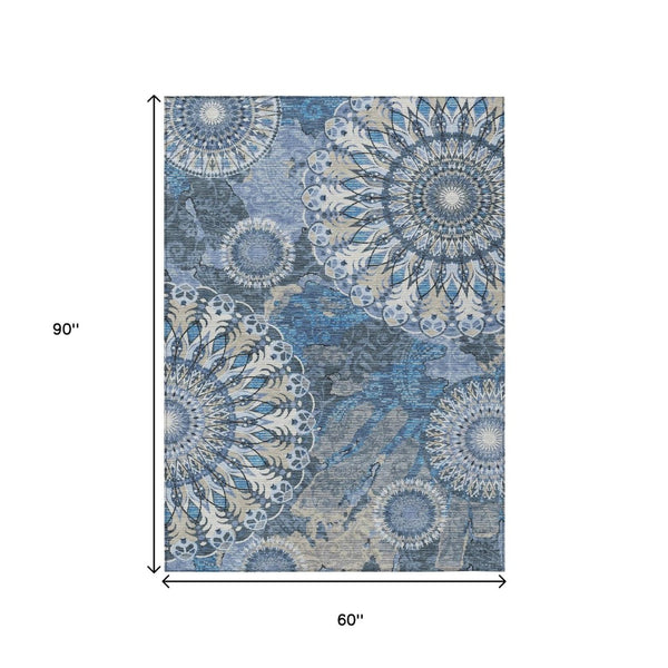 HomeRoots 5' Blue Ivory Beige Paisley Indoor Outdoor Area Rug - Stylish, Durable, Washable for Any Space! 659911