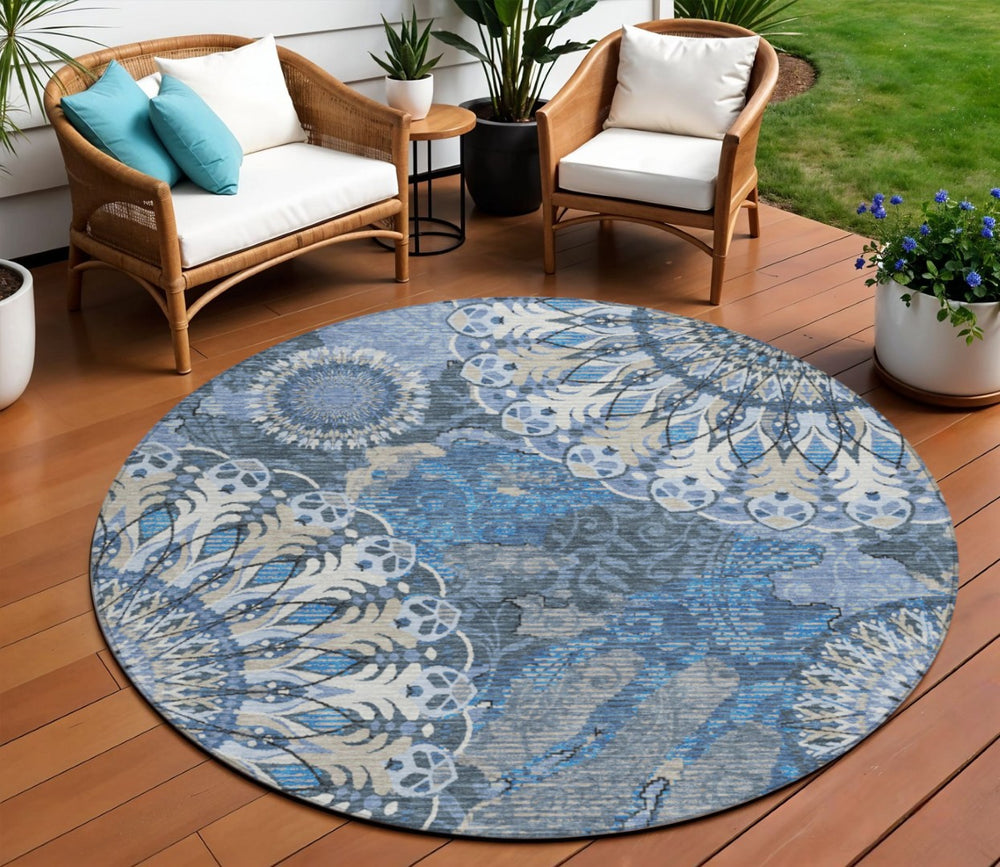 HomeRoots 8' Blue Ivory And Beige Round Paisley Rug – Elegant, Durable Design for Indoor & Outdoor Spaces! 659912