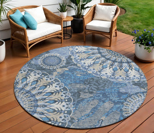 HomeRoots 8' Blue Ivory And Beige Round Paisley Rug – Elegant, Durable Design for Indoor & Outdoor Spaces! 659912
