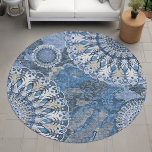 HomeRoots 8' Blue Ivory And Beige Round Paisley Rug – Elegant, Durable Design for Indoor & Outdoor Spaces! 659912