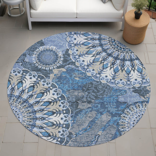 HomeRoots 8' Blue Ivory And Beige Round Paisley Rug – Elegant, Durable Design for Indoor & Outdoor Spaces! 659912