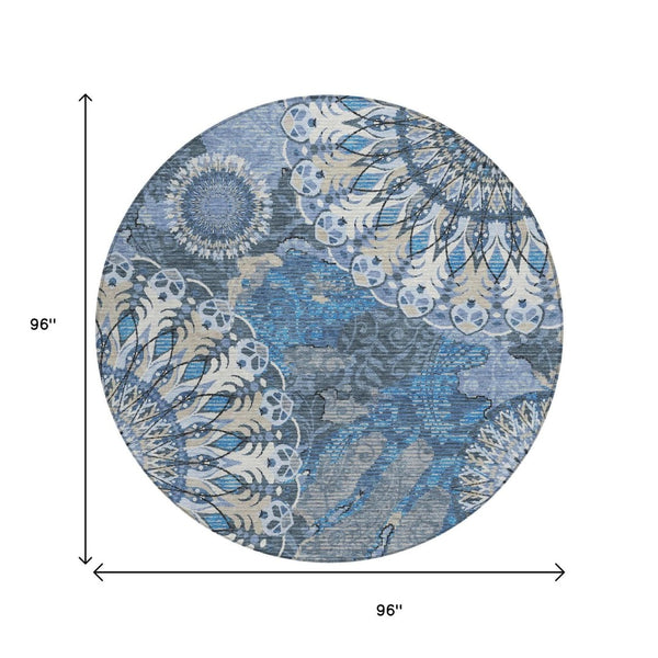 HomeRoots 8' Blue Ivory And Beige Round Paisley Rug – Elegant, Durable Design for Indoor & Outdoor Spaces! 659912