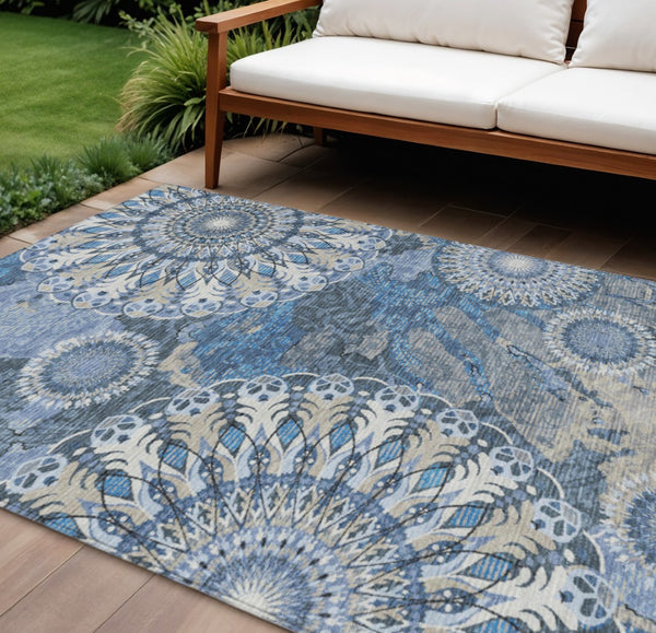 HomeRoots 9' X 12' Washable Paisley Area Rug in Blue, Ivory & Beige - Ideal for Indoor & Outdoor Spaces! 659914