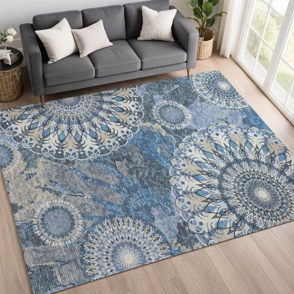 HomeRoots 9' X 12' Washable Paisley Area Rug in Blue, Ivory & Beige - Ideal for Indoor & Outdoor Spaces! 659914