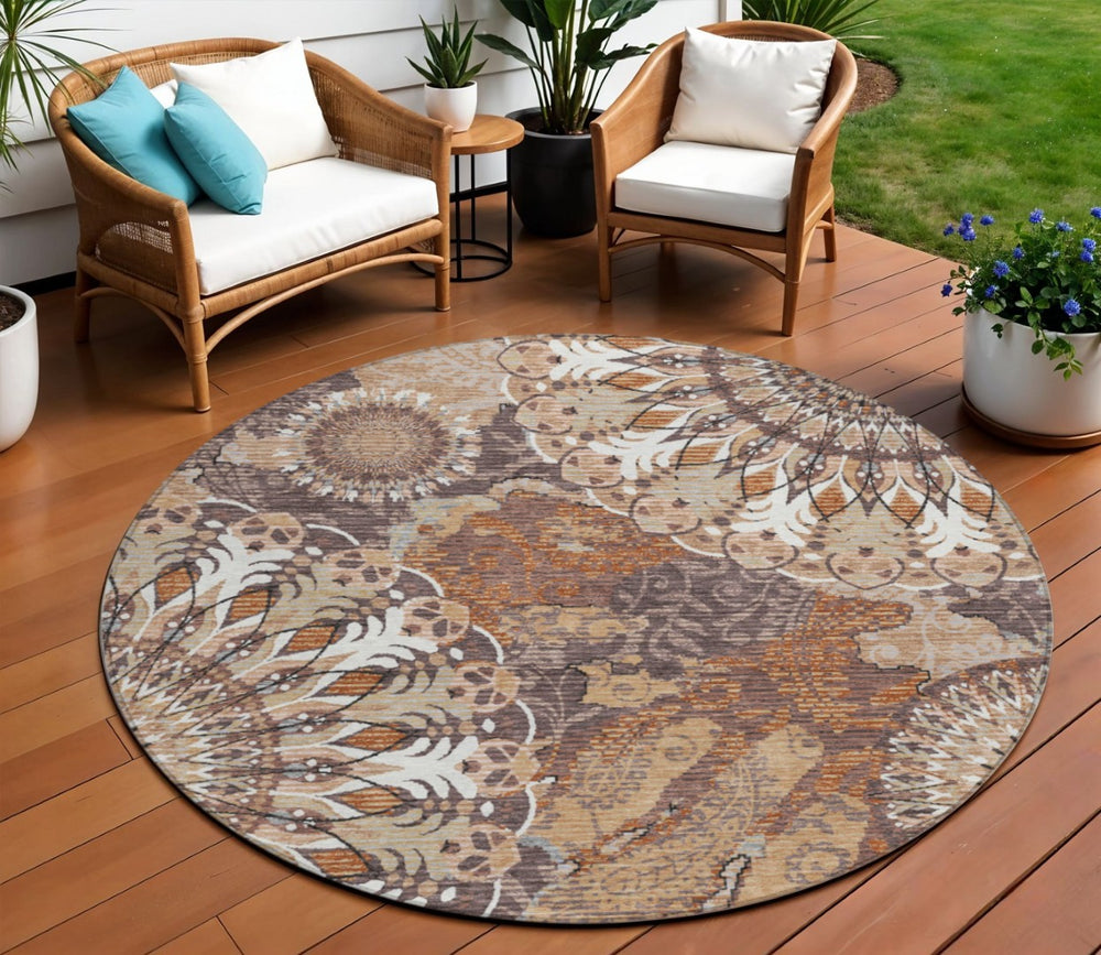 HomeRoots 8' Copper Paisley Indoor Outdoor Rug - Stylish, Washable, Durable for High-Traffic Areas, Versatile Use 659918