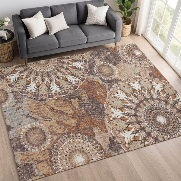 HomeRoots 10' Copper Ivory Khaki Paisley Area Rug - Washable Indoor/Outdoor, Durable & Stylish for Every Space 659921