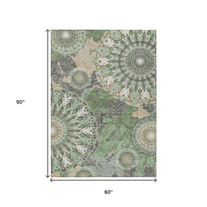 HomeRoots 5' X 8' Elegant Green, Ivory & Gold Paisley Indoor/Outdoor Area Rug - Washable & Durable Design 659923