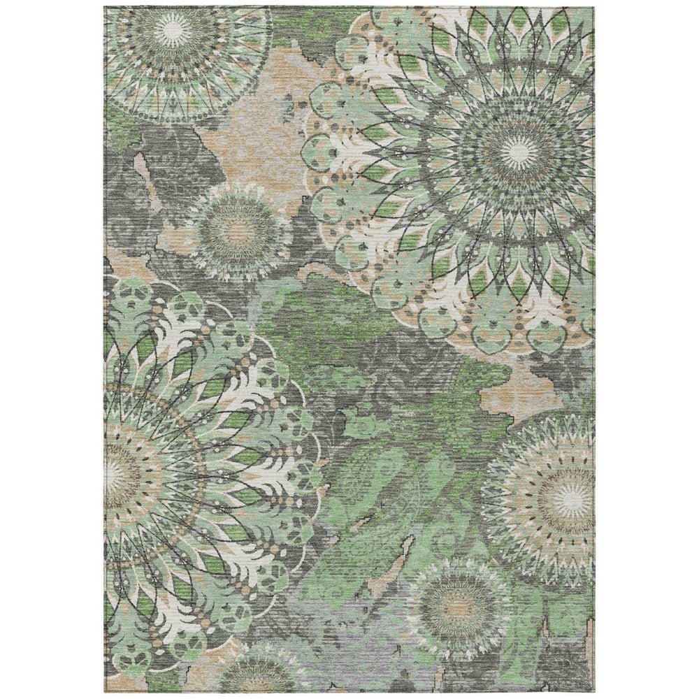 HomeRoots 5' X 8' Elegant Green, Ivory & Gold Paisley Indoor/Outdoor Area Rug - Washable & Durable Design 659923