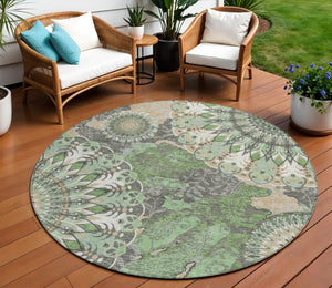 HomeRoots 8' Elegant Green, Ivory & Gold Round Paisley Washable Rug - Durable Indoor/Outdoor Style & Comfort 659924