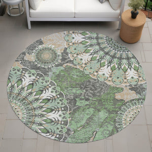 HomeRoots 8' Elegant Green, Ivory & Gold Round Paisley Washable Rug - Durable Indoor/Outdoor Style & Comfort 659924
