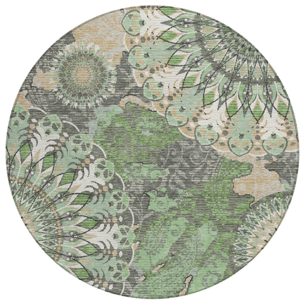 HomeRoots 8' Elegant Green, Ivory & Gold Round Paisley Washable Rug - Durable Indoor/Outdoor Style & Comfort 659924