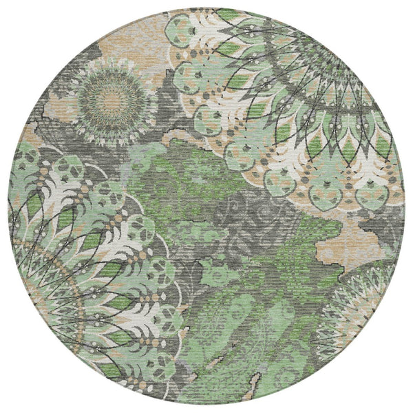 HomeRoots 8' Elegant Green, Ivory & Gold Round Paisley Washable Rug - Durable Indoor/Outdoor Style & Comfort 659924