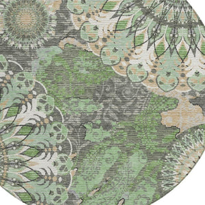 HomeRoots 8' Elegant Green, Ivory & Gold Round Paisley Washable Rug - Durable Indoor/Outdoor Style & Comfort 659924