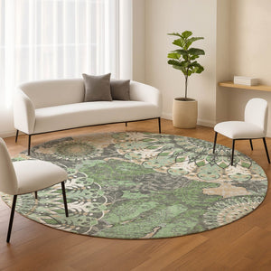 HomeRoots 8' Elegant Green, Ivory & Gold Round Paisley Washable Rug - Durable Indoor/Outdoor Style & Comfort 659924