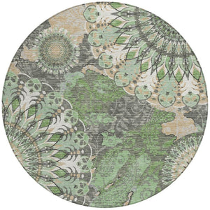 HomeRoots 8' Elegant Green, Ivory & Gold Round Paisley Washable Rug - Durable Indoor/Outdoor Style & Comfort 659924