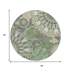 HomeRoots 8' Elegant Green, Ivory & Gold Round Paisley Washable Rug - Durable Indoor/Outdoor Style & Comfort 659924