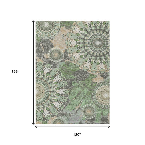 HomeRoots 10' Elegant Green Ivory Gold Paisley Washable Area Rug for Indoor & Outdoor Spaces – Durable & Stylish 659927